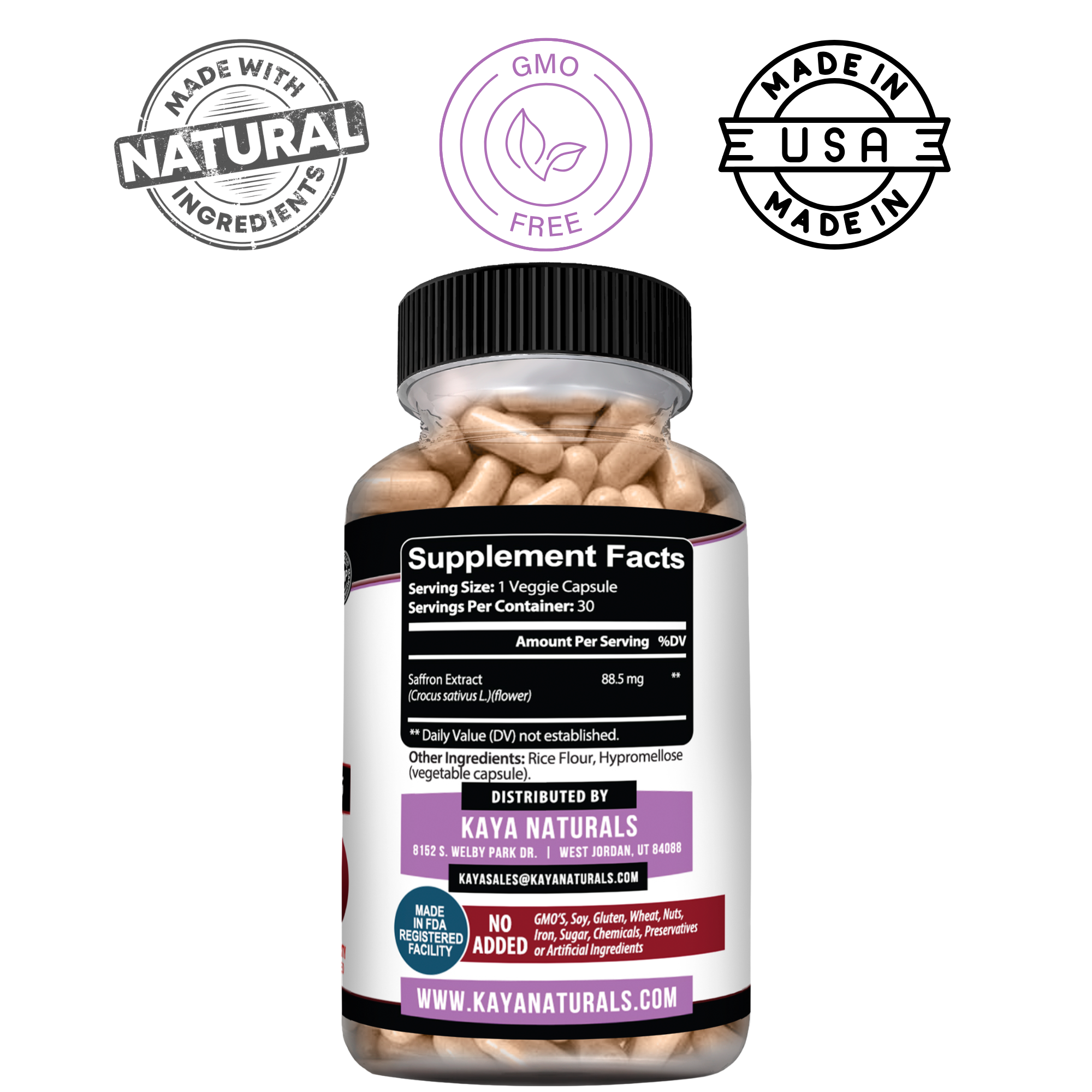 Bottle of Kaya Naturals saffron extract supplement with a white label and gold cap, displayed beside saffron threads and leaves.