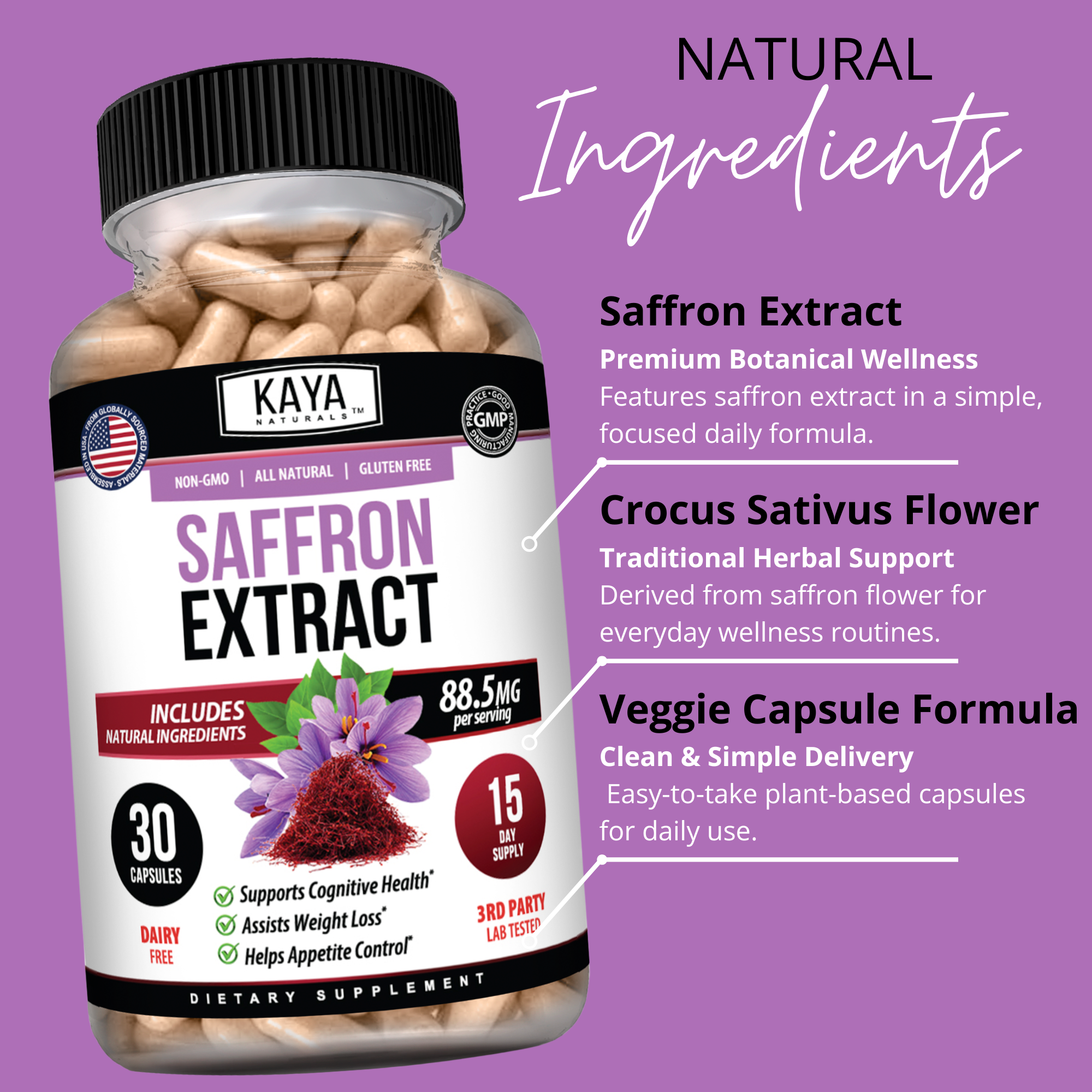 Bottle of Kaya Naturals saffron extract supplement with saffron threads and dropper for liquid extract intake.