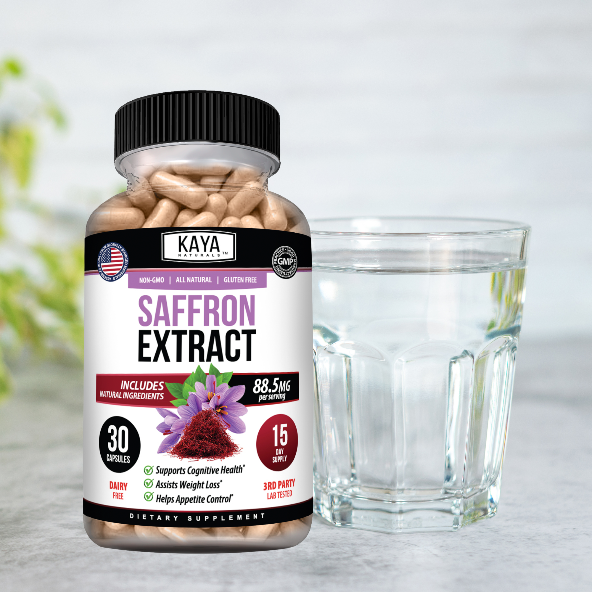 Bottle of Kaya Naturals saffron extract supplement with saffron threads and label visible, emphasizing natural herbal extract.