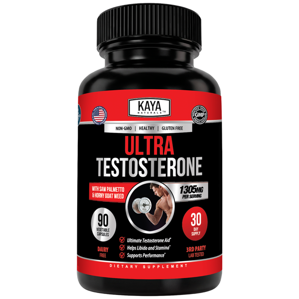 Kaya Naturals Ultra Testosterone supplement bottle with label, featuring natural ingredients and health benefits on the label.