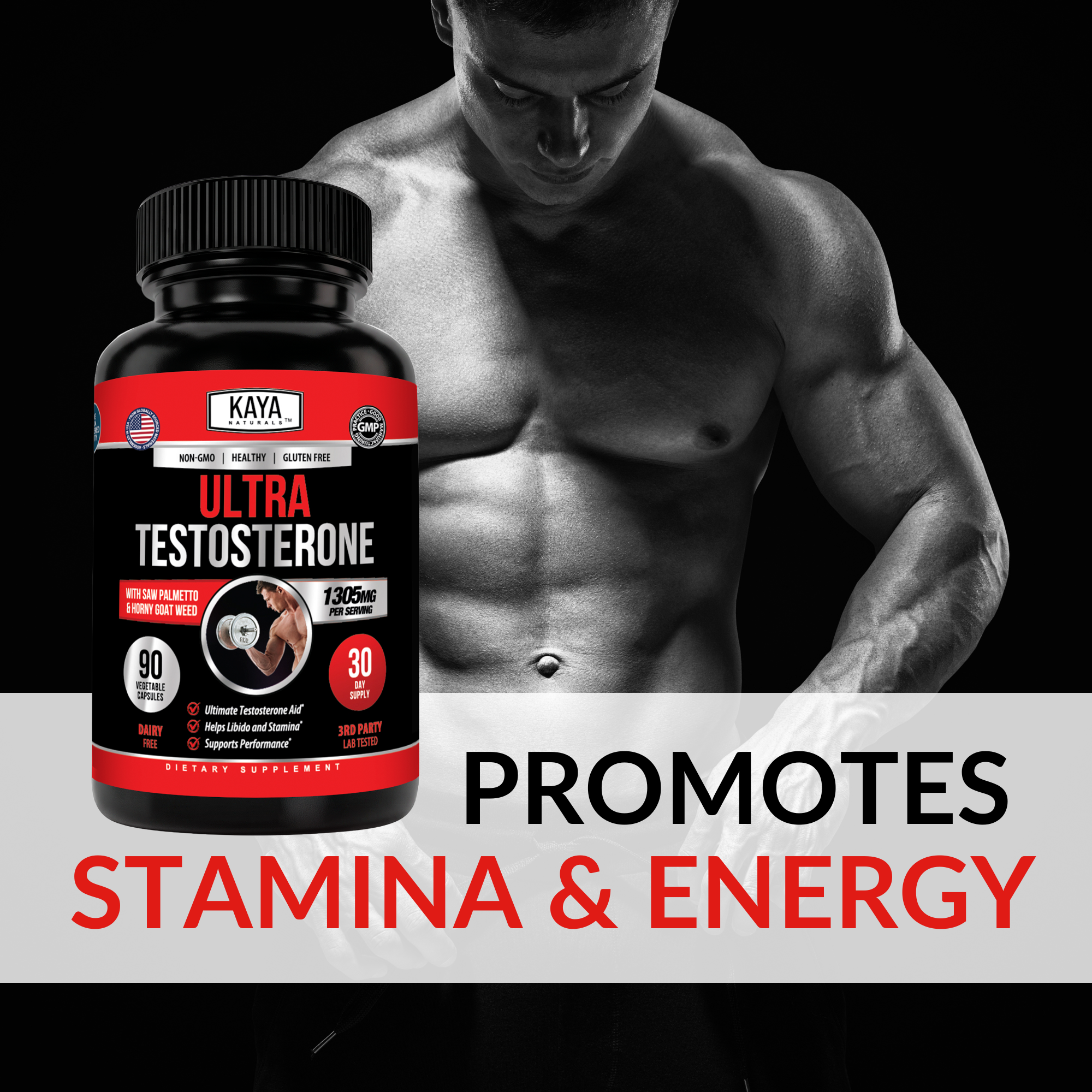 Bottle of Kaya Naturals Ultra Testosterone supplement with label showing product name and branding on a white background.