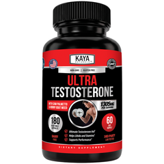 Kaya Naturals Ultra Testosterone supplement bottle with label and cap, placed on a white background.