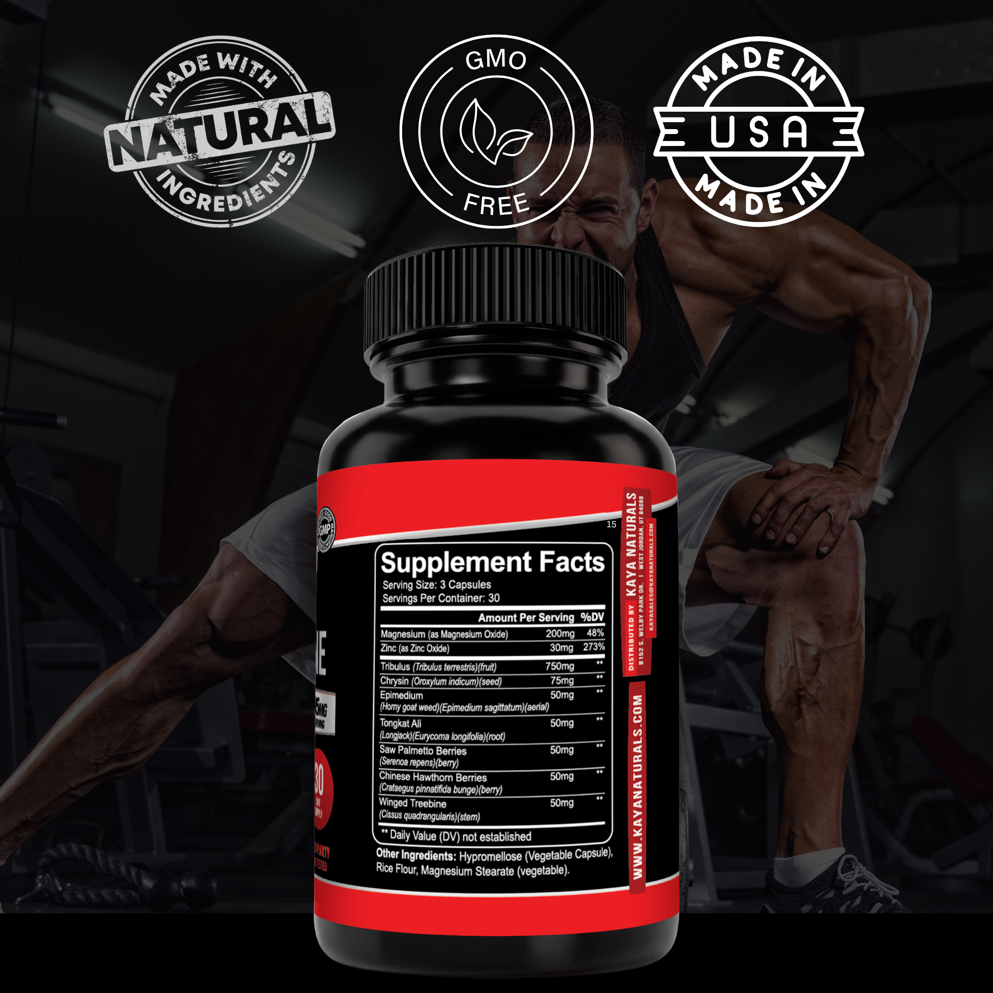Kaya Naturals Ultra Testosterone supplement bottle with label, showcasing the product in a clear, professional presentation.