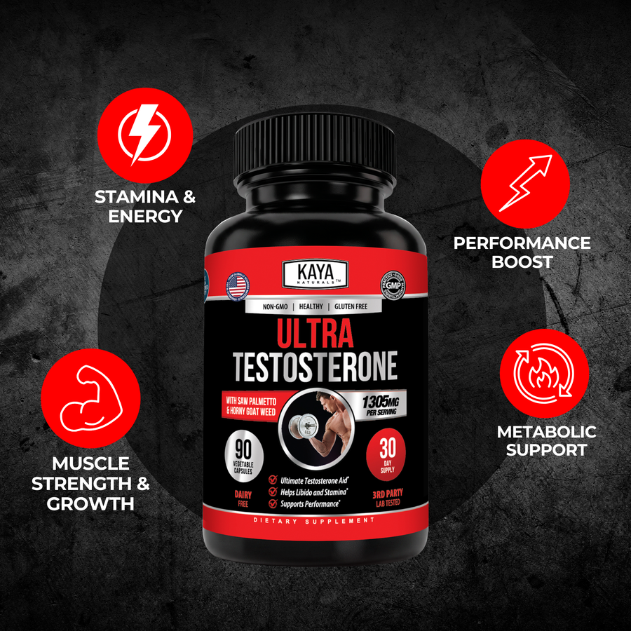 Kaya Naturals Ultra Testosterone supplement bottle with label, featuring natural health product for testosterone support.