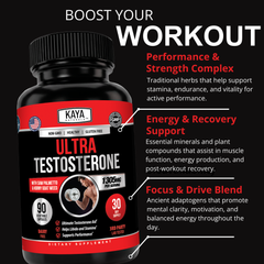 Kaya Naturals Ultra Testosterone supplement bottle with label, white cap, and product details visible, designed for men's health.