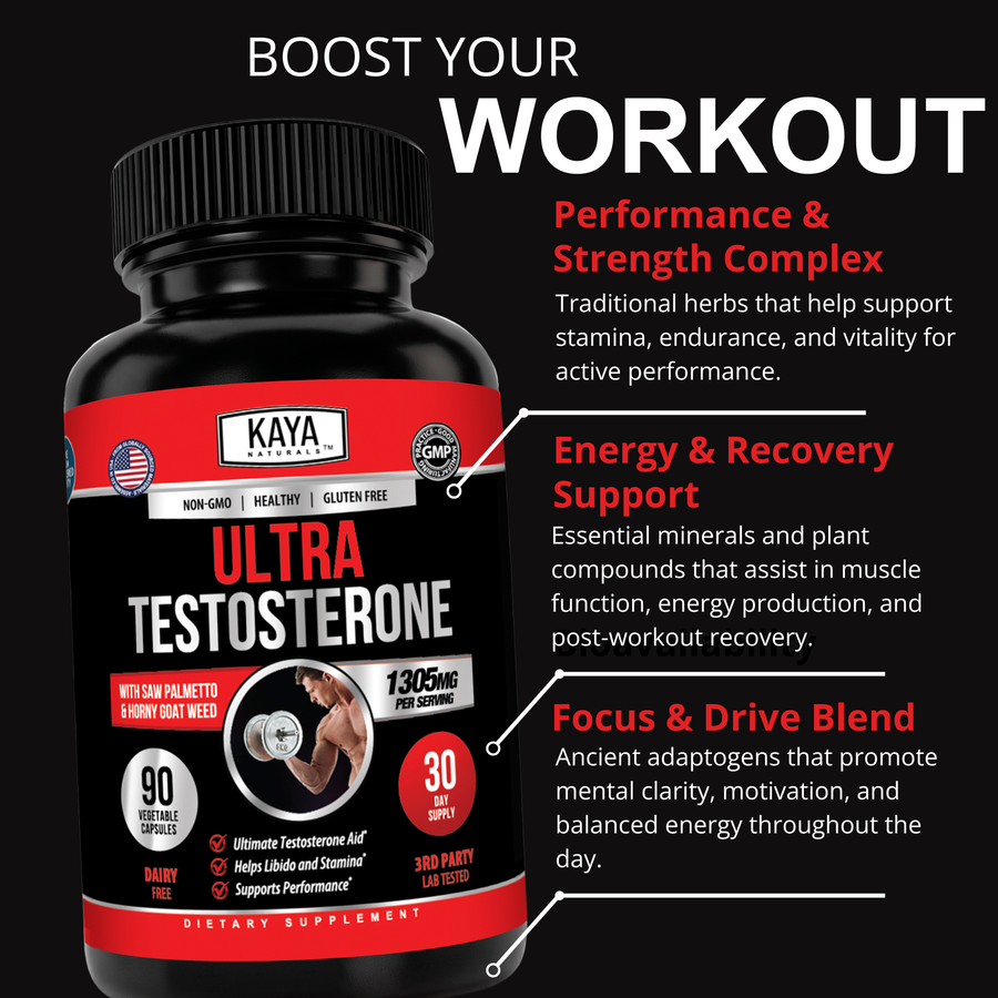 Kaya Naturals Ultra Testosterone supplement bottle with label, white cap, and product details visible, designed for men's health.