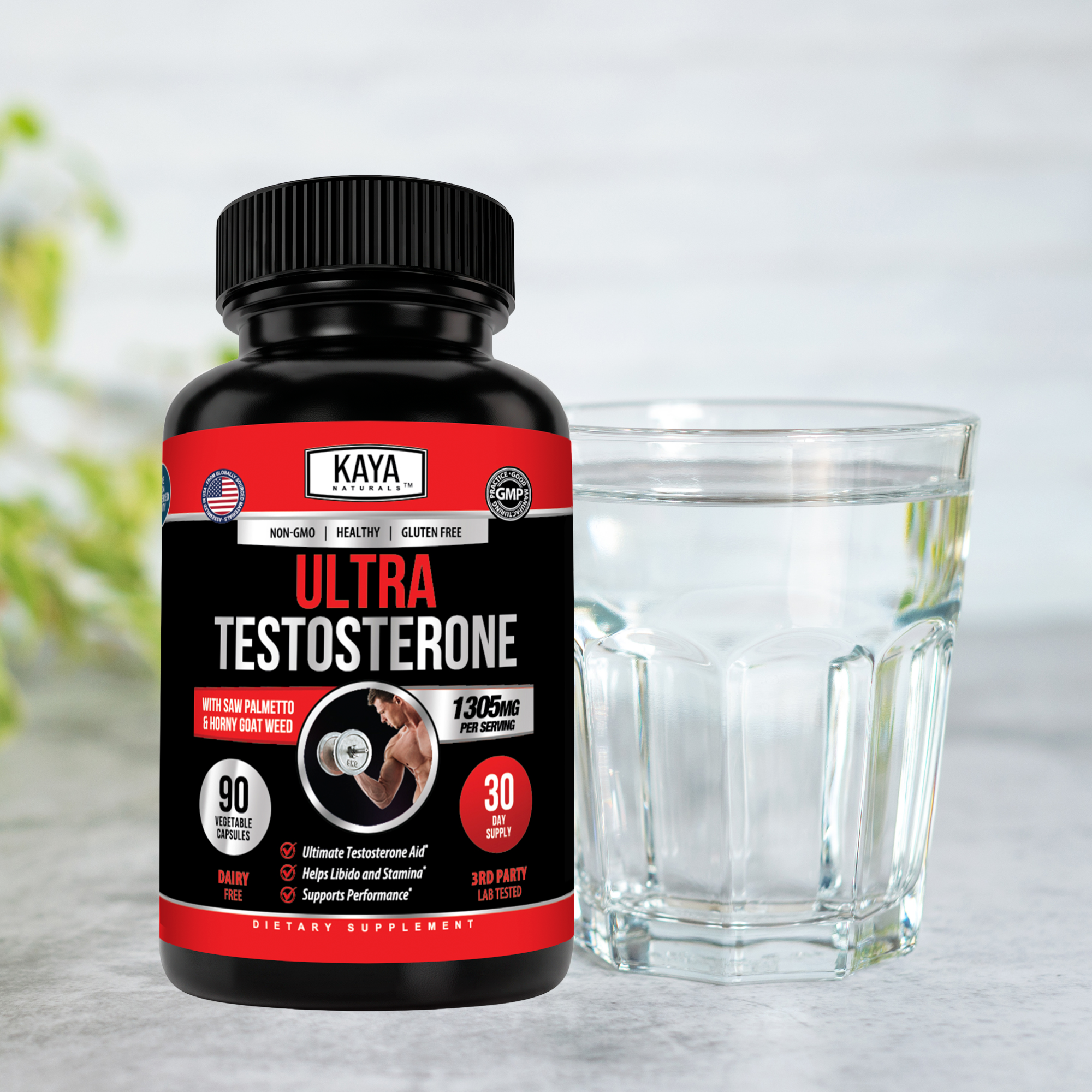 Kaya Naturals Ultra Testosterone supplement bottle with label showing product details and branding.