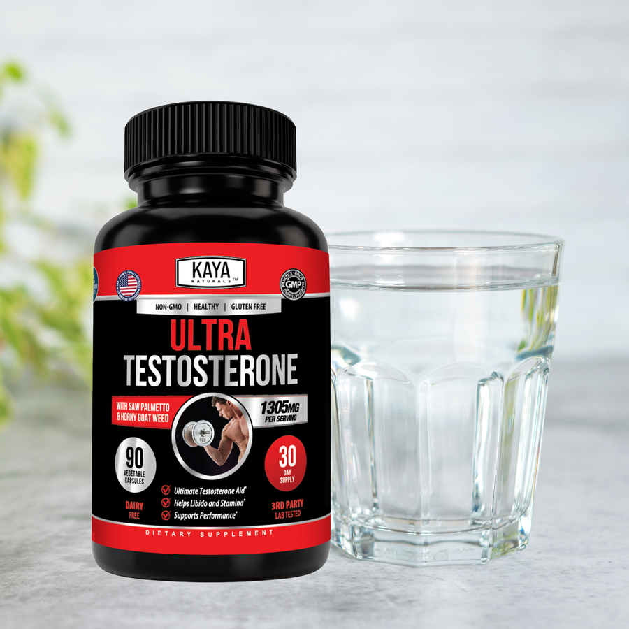 Kaya Naturals Ultra Testosterone supplement bottle with label showing product details and branding.