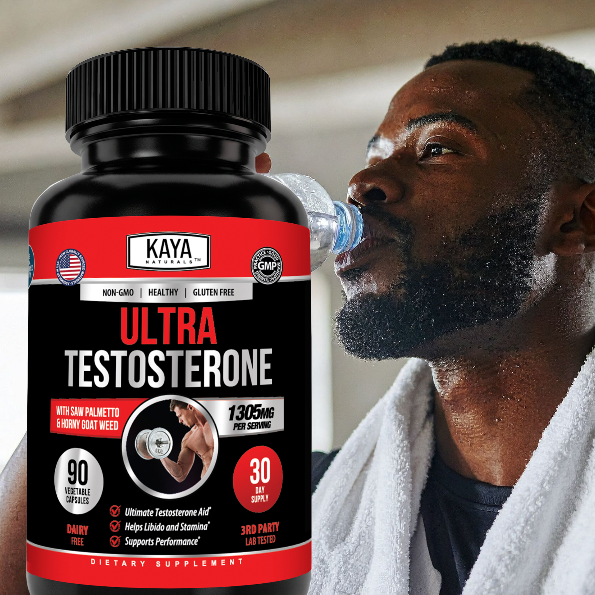 Kaya Naturals Ultra Testosterone supplement bottle with label, featuring a sleek design and health-focused branding.