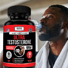 Kaya Naturals Ultra Testosterone supplement bottle with label, featuring a sleek design and health-focused branding.
