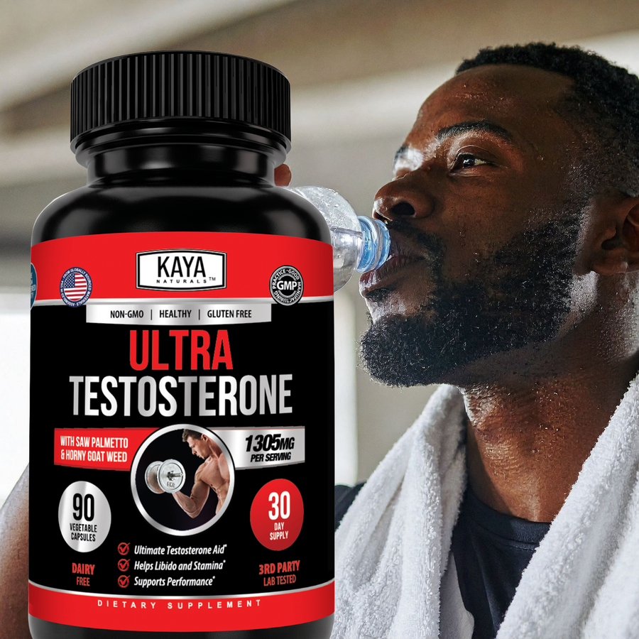 Kaya Naturals Ultra Testosterone supplement bottle with label, featuring a sleek design and health-focused branding.