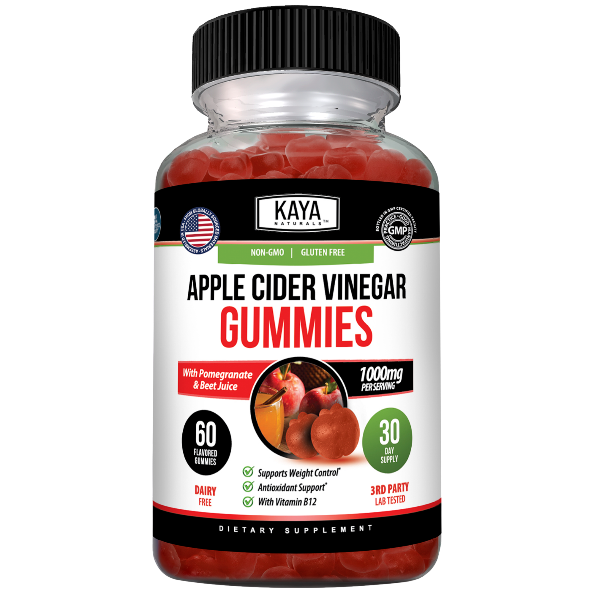 Kaya Naturals Apple Cider Vinegar Gummies in a clear bottle with colorful gummy vitamins inside.