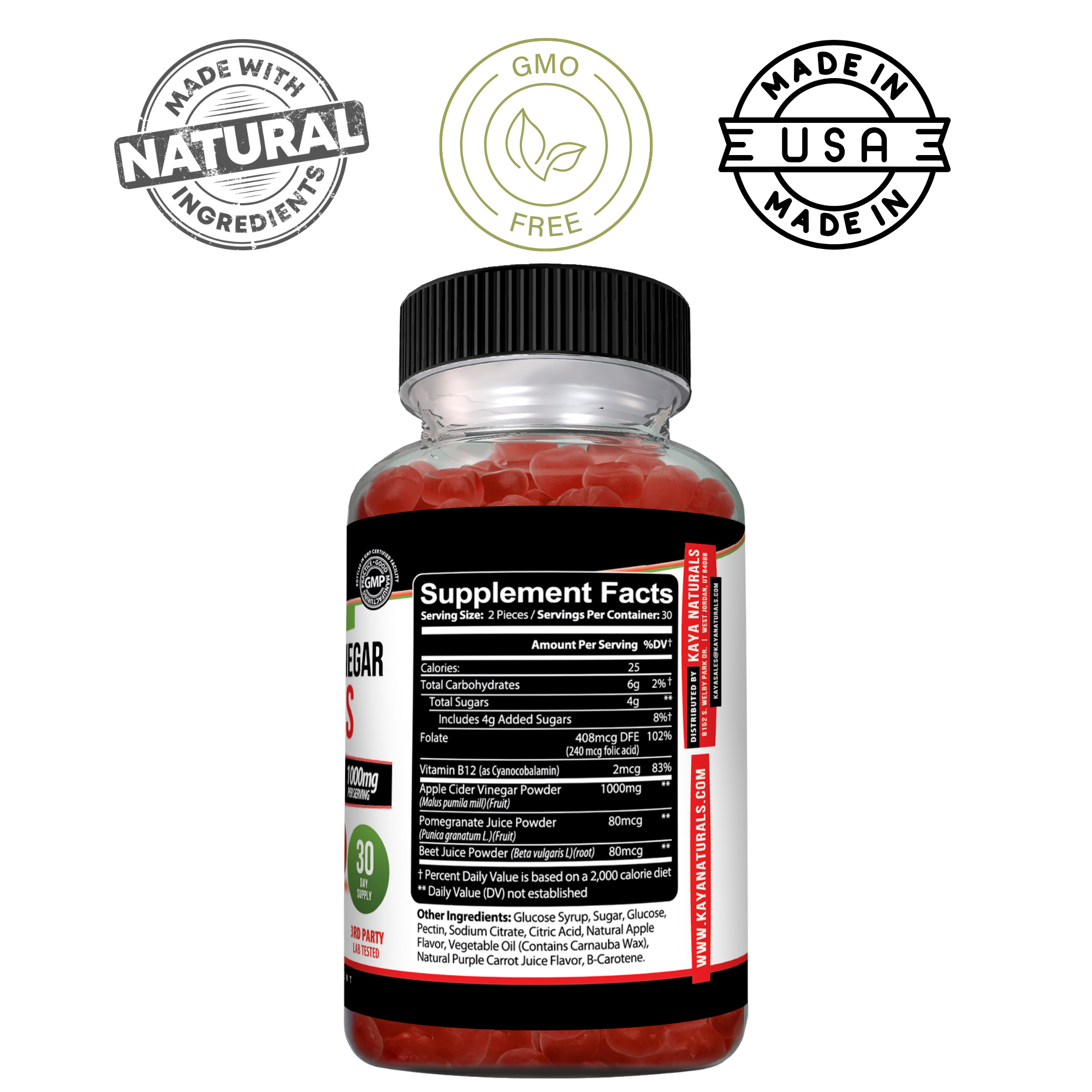 Kaya Naturals Apple Cider Vinegar Gummies in a clear bottle, showing the gummies with a natural, healthy appearance.