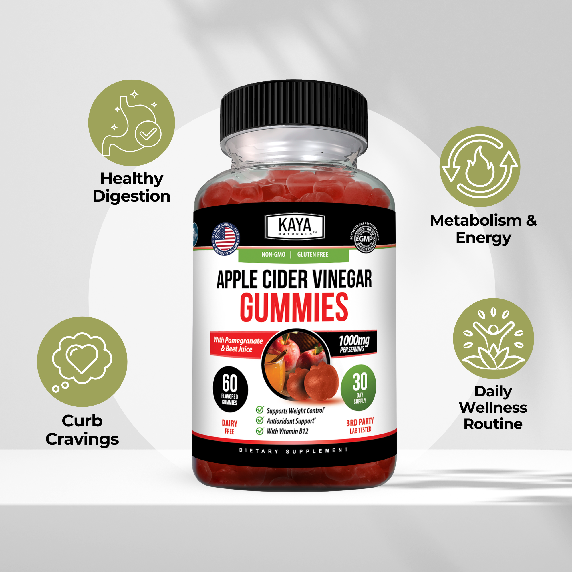 Kaya Naturals Apple Cider Vinegar Gummies in a clear bottle showing the gummies inside.