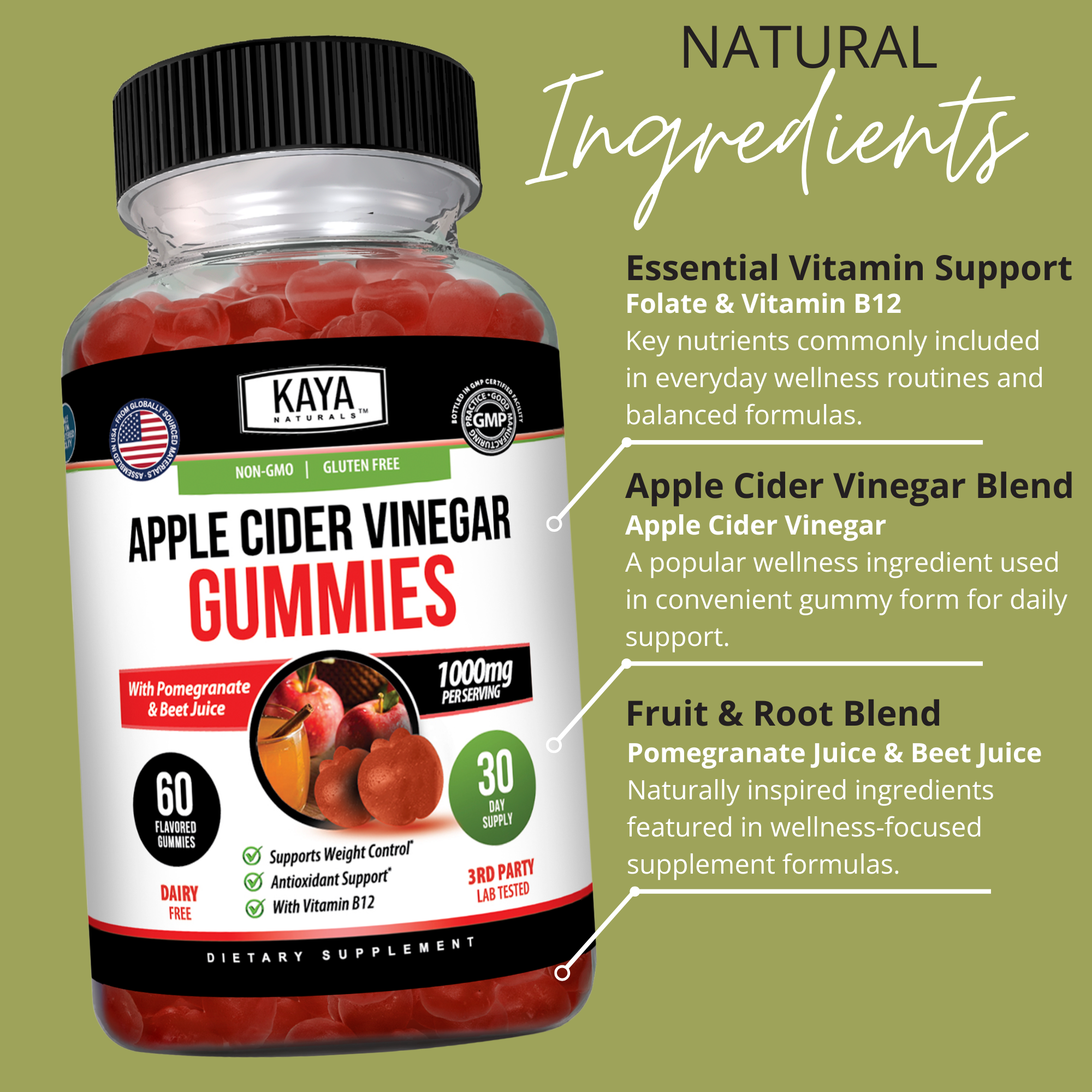 Kaya Naturals Apple Cider Vinegar Gummies in a clear bottle with colorful gummies visible inside.