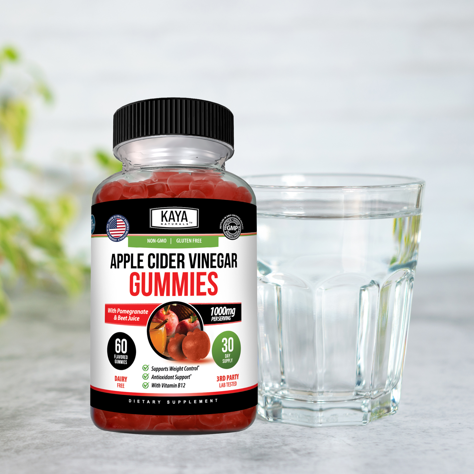 Kaya Naturals Apple Cider Vinegar Gummies in a clear bottle, showing the colorful gummy supplements on a white background.