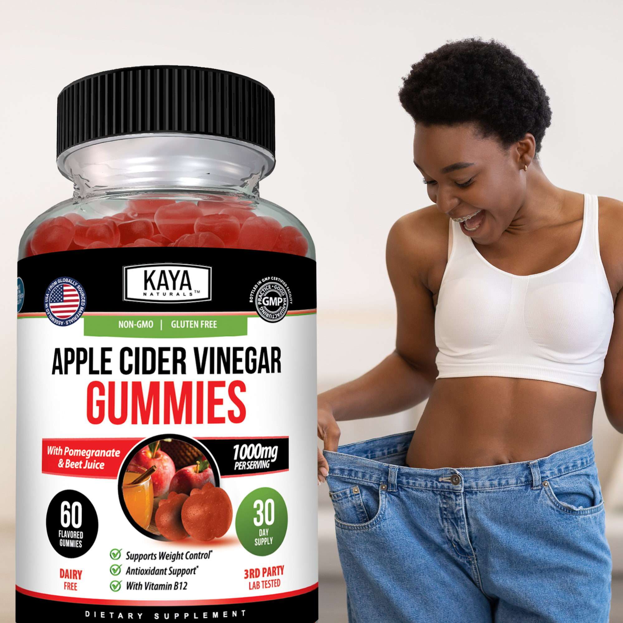Kaya Naturals Apple Cider Vinegar Gummies in a clear bottle, showing the colorful gummies inside on a white background.