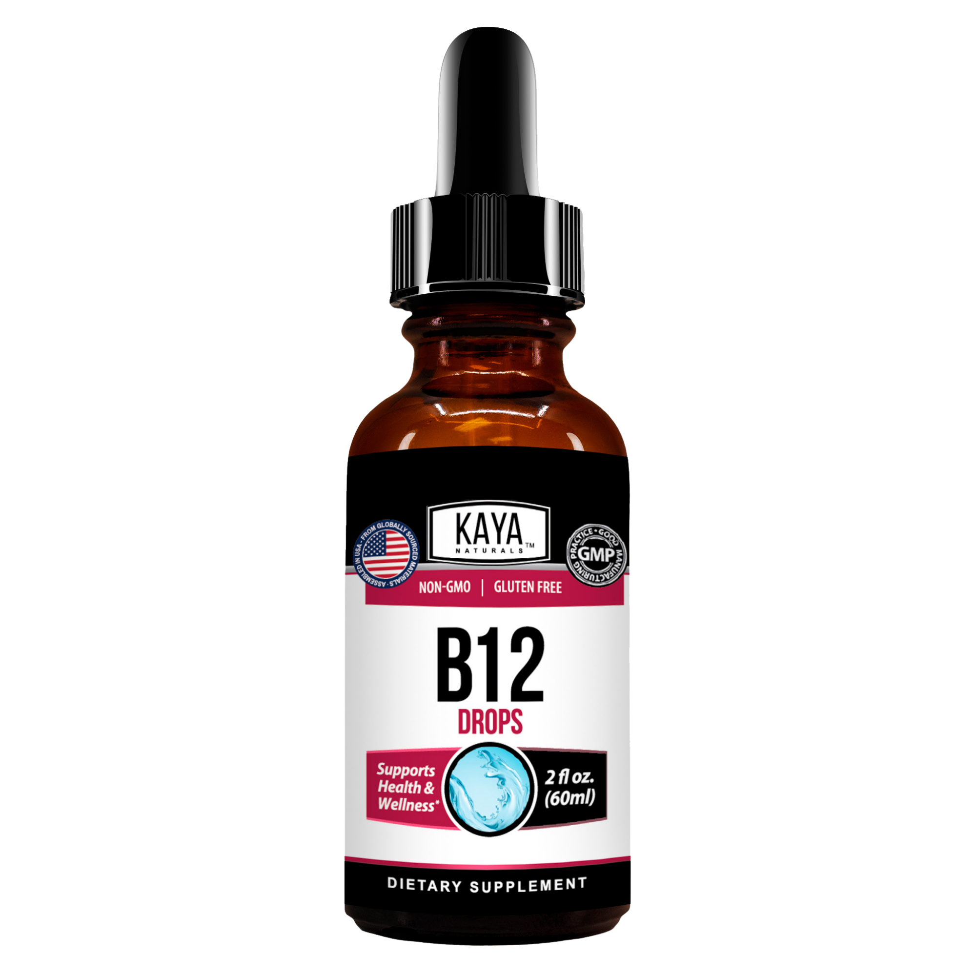 Kaya Naturals B-12 Liquid Drops in a glass dropper bottle, showcasing the supplement for energy and vitamin B-12 support.