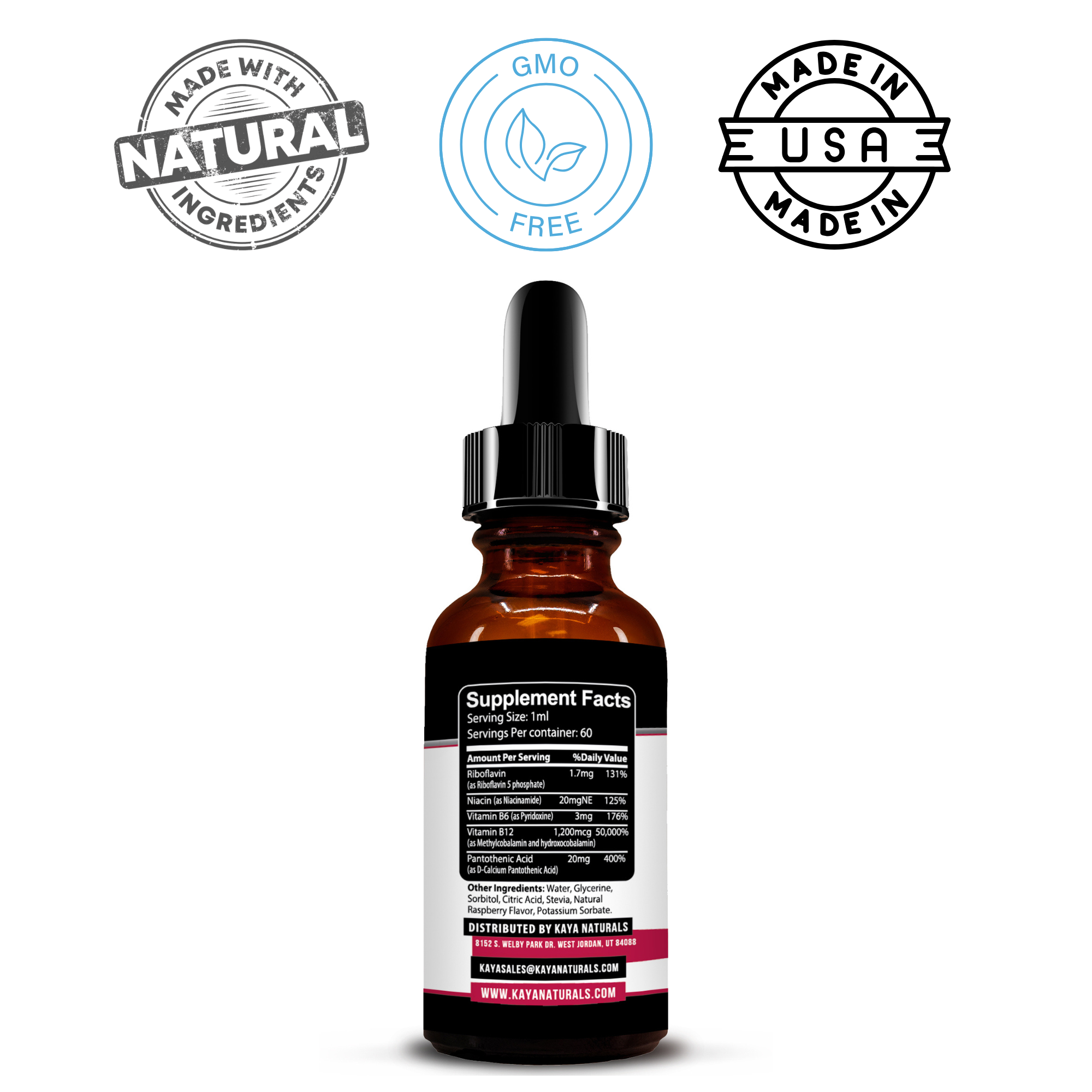 Kaya Naturals B-12 Liquid Drops in a glass dropper bottle, showing the supplement for vitamin B-12 intake.