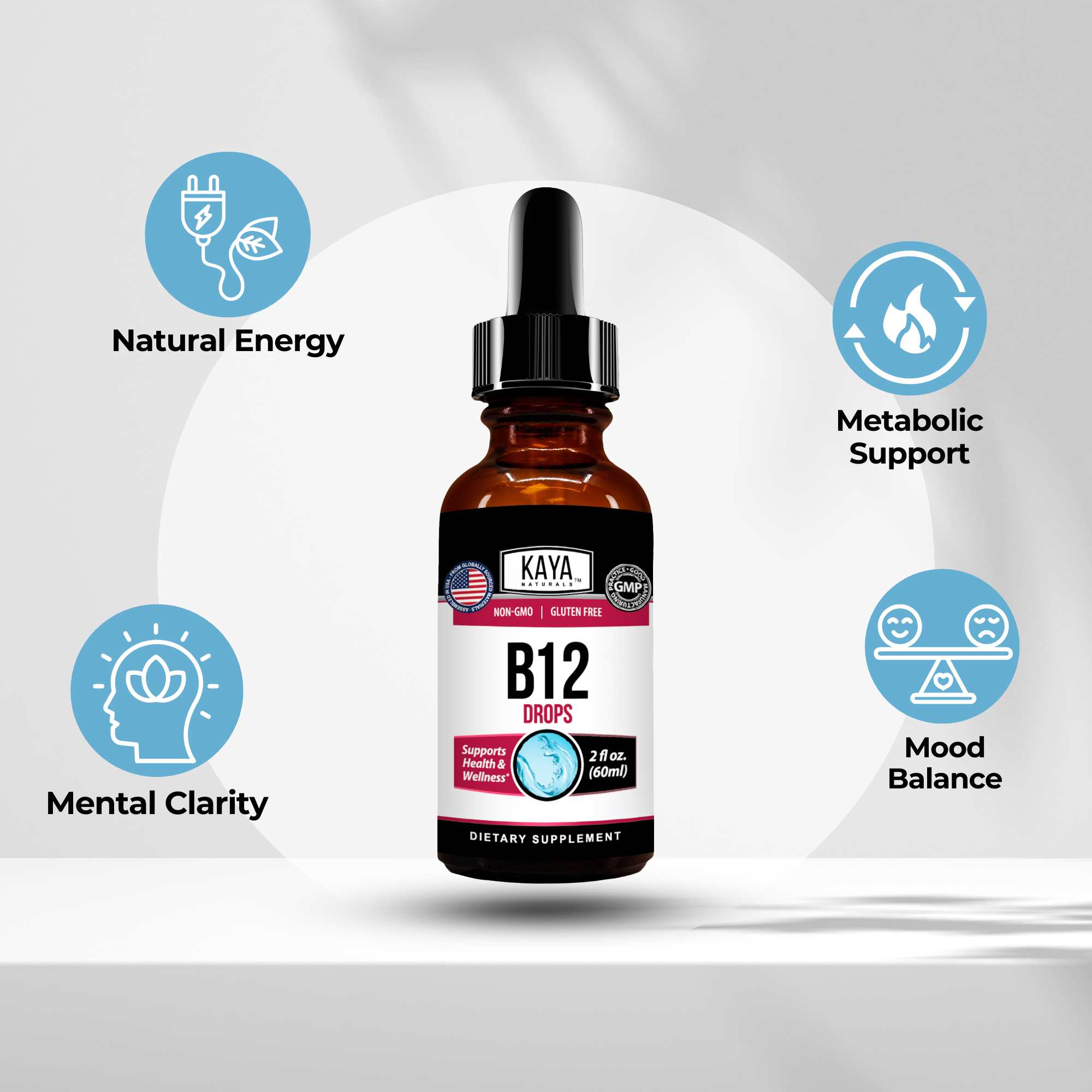 Kaya Naturals B-12 Liquid Drops in a clear dropper bottle, showing the nutritional supplement for energy and vitamin B12 intake.