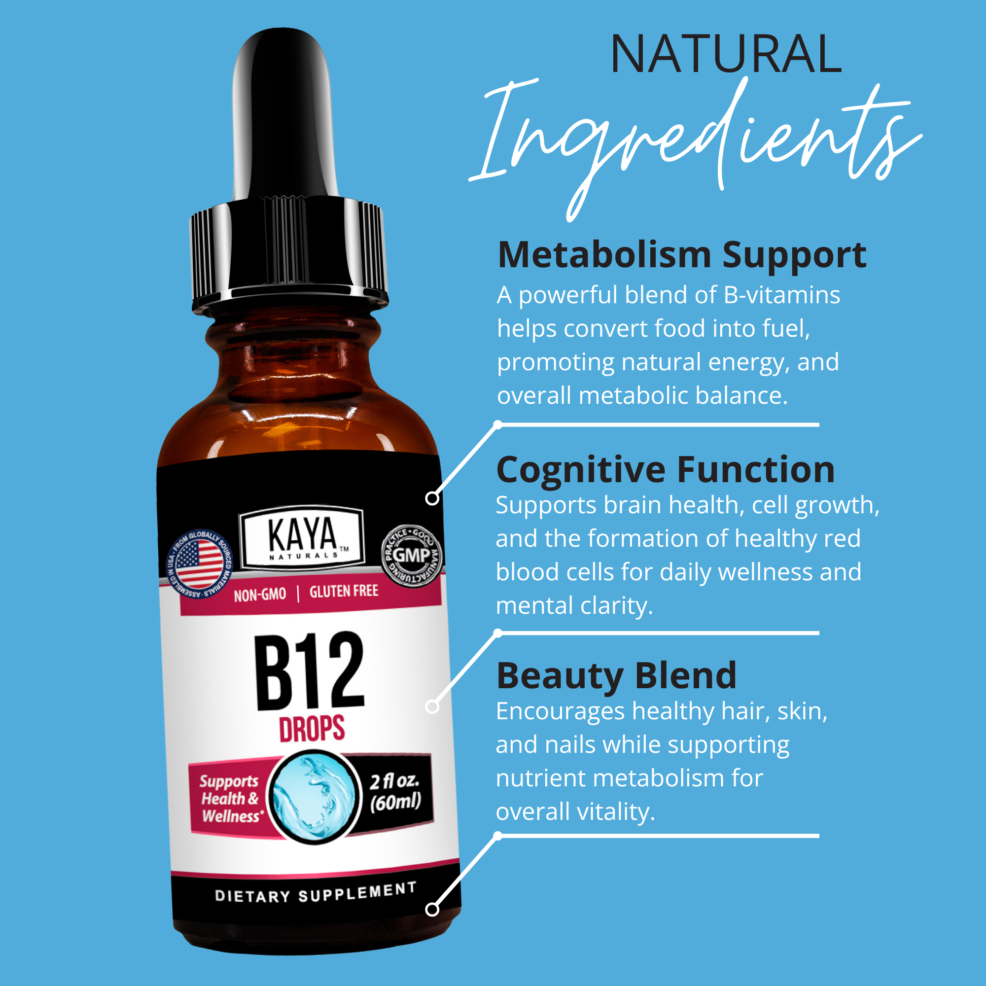 Kaya Naturals B-12 Liquid Drops in a dropper bottle, showing the supplement designed for quick absorption and daily B-12 intake