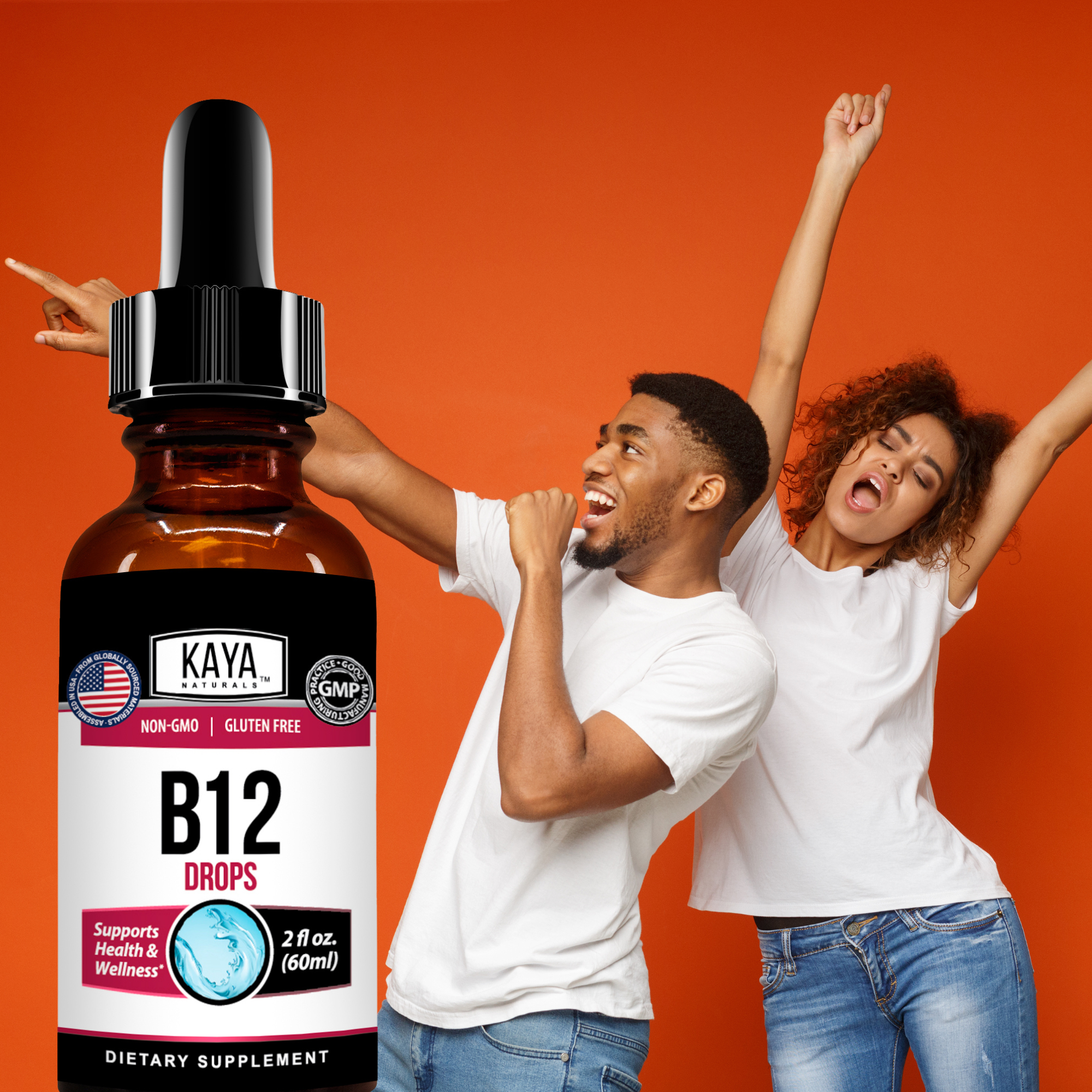 Kaya Naturals B-12 Liquid Drops in a clear glass bottle with dropper for easy supplement intake.