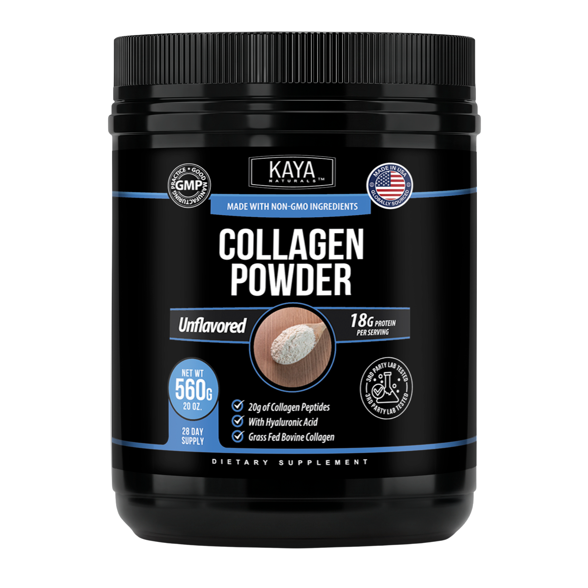 Kaya Naturals Collagen Powder in a jar, showing the white powder and label on the container.