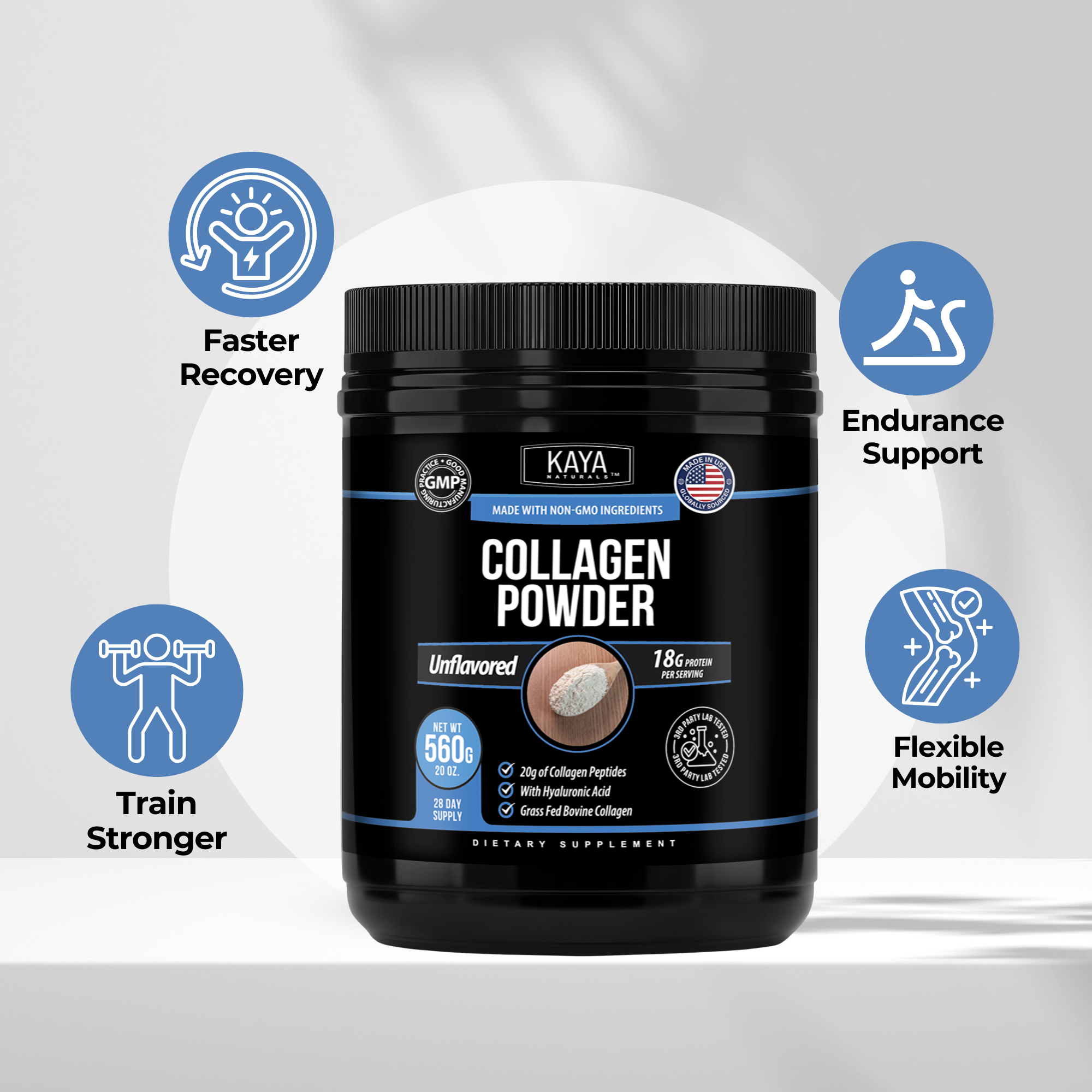 Kaya Naturals collagen powder in a jar, showing the white powder inside, used for skin health and beauty supplementation.