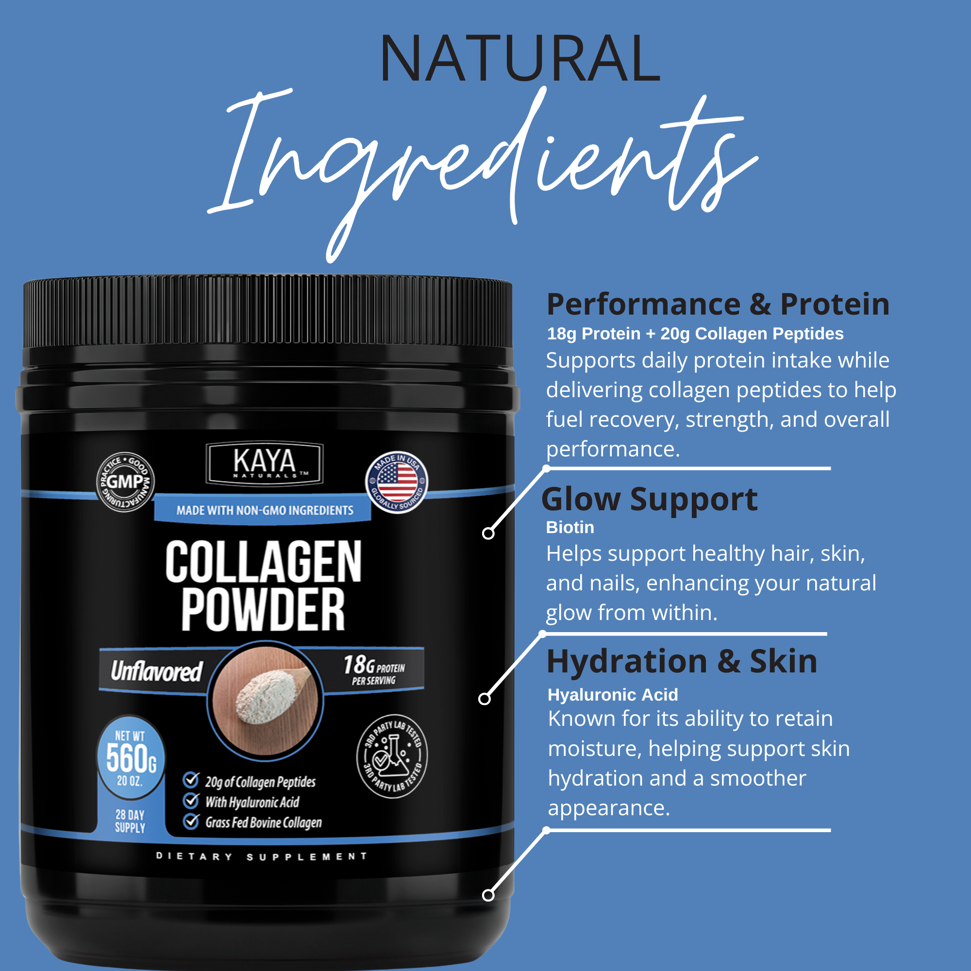 Kaya Naturals collagen powder in a jar, showing the white powder inside, for skin and joint health.