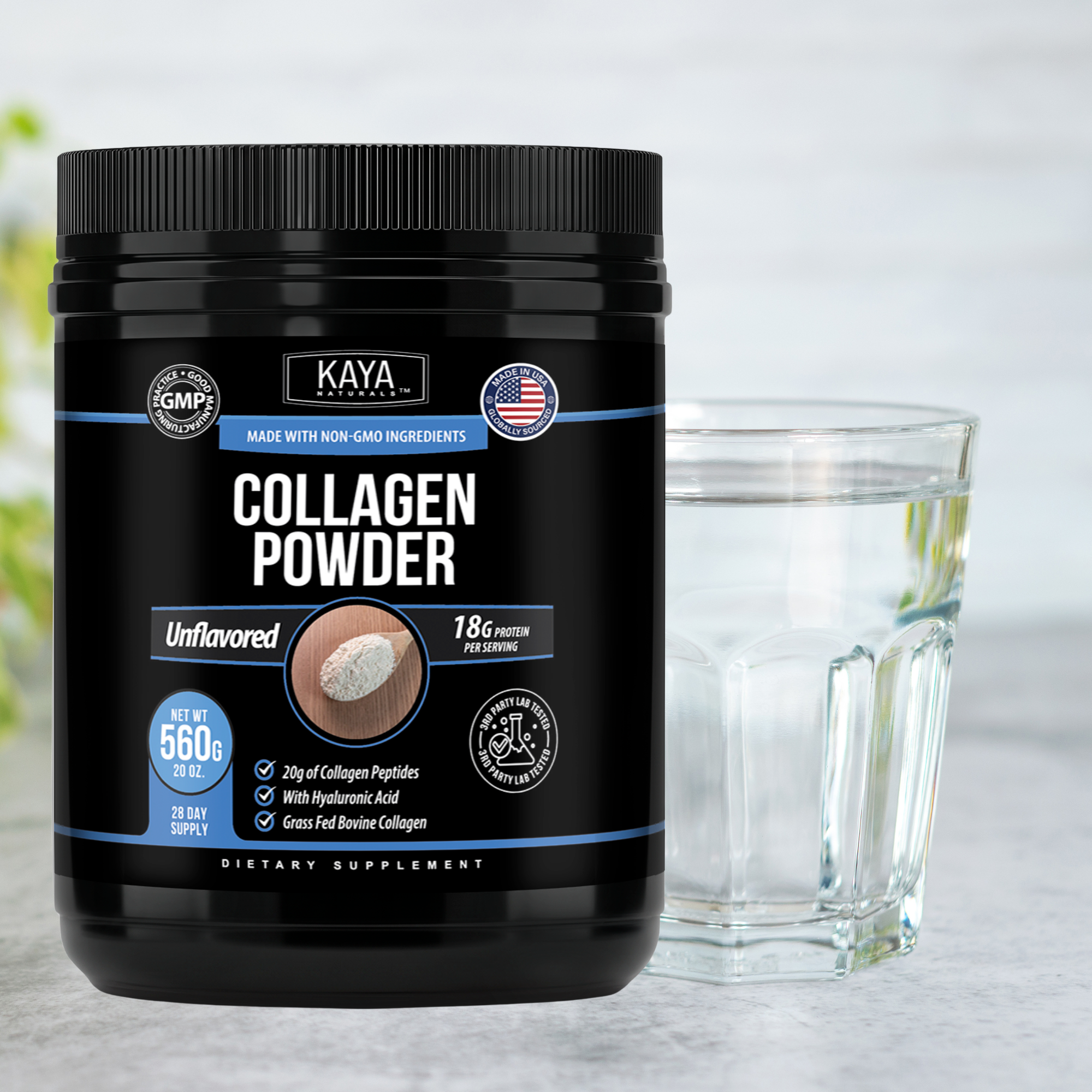 Kaya Naturals collagen powder in a clear jar, showing white powder inside, with a natural and health-focused packaging design.