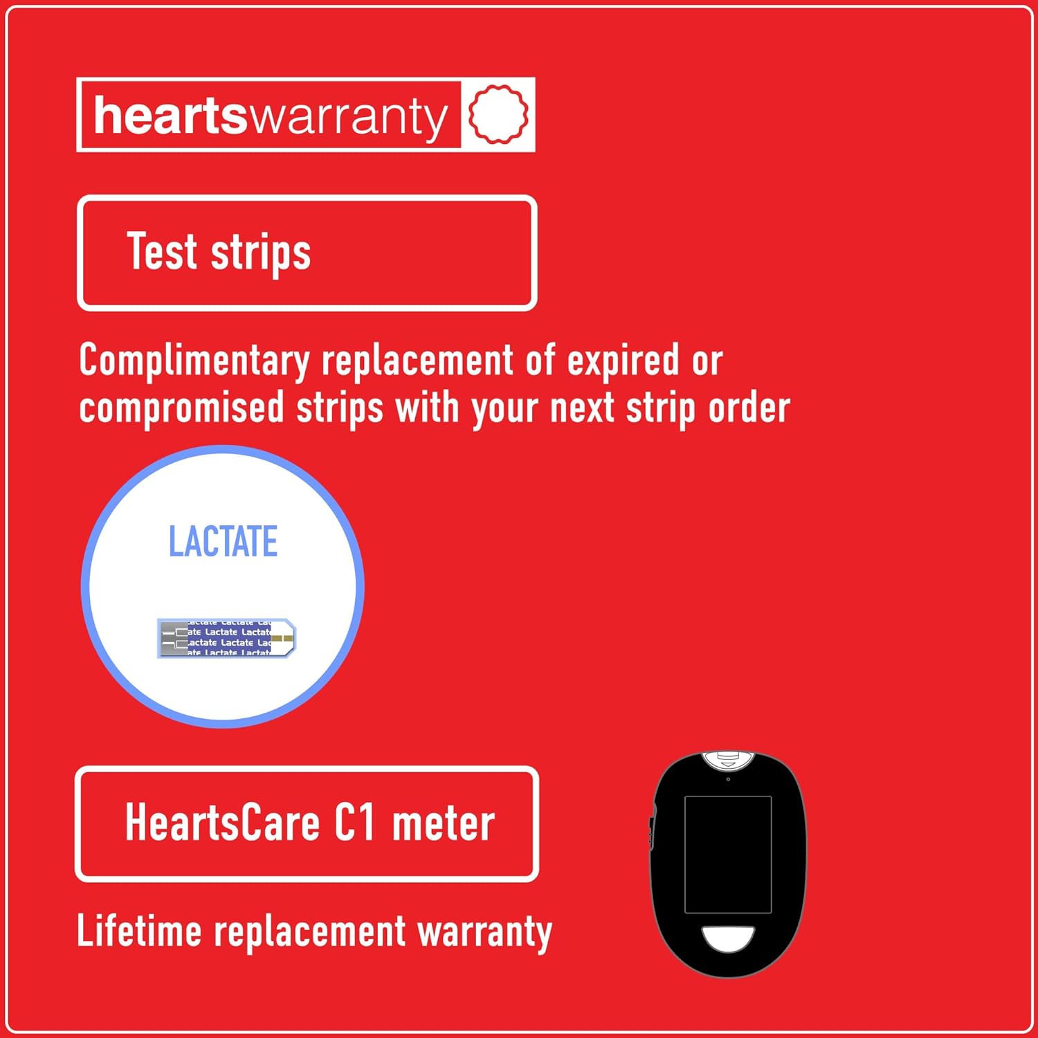 HeartsCare C1 Plus glucose and ketone meter testing kit with 50 glucose and 50 ketone test strips, featuring warranty information.