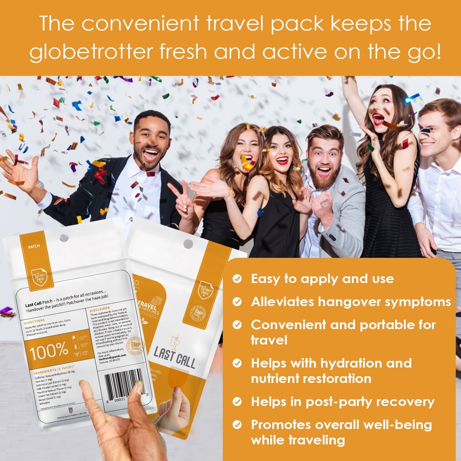Last Call Patches from Friendly Patch Co, wearable skin supplement patches for hangover recovery, 8-pack with DHM and milk thistle.