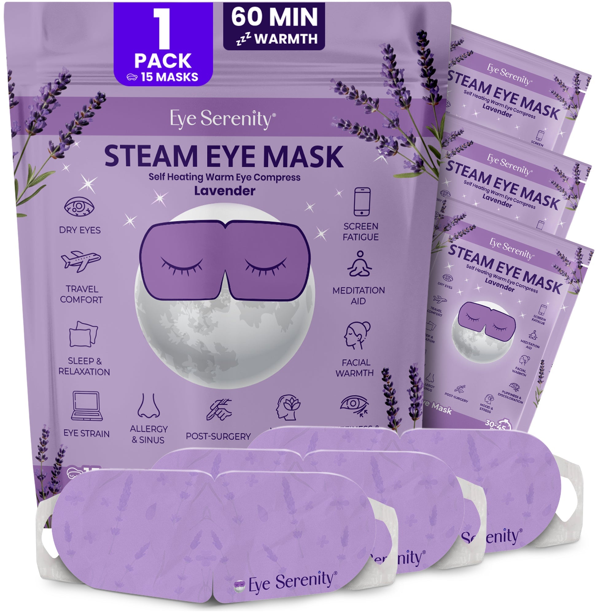 Lure Essentials Eye Serenity Steam Eye Mask in lavender, heated eye care mask for relaxation and stress relief.