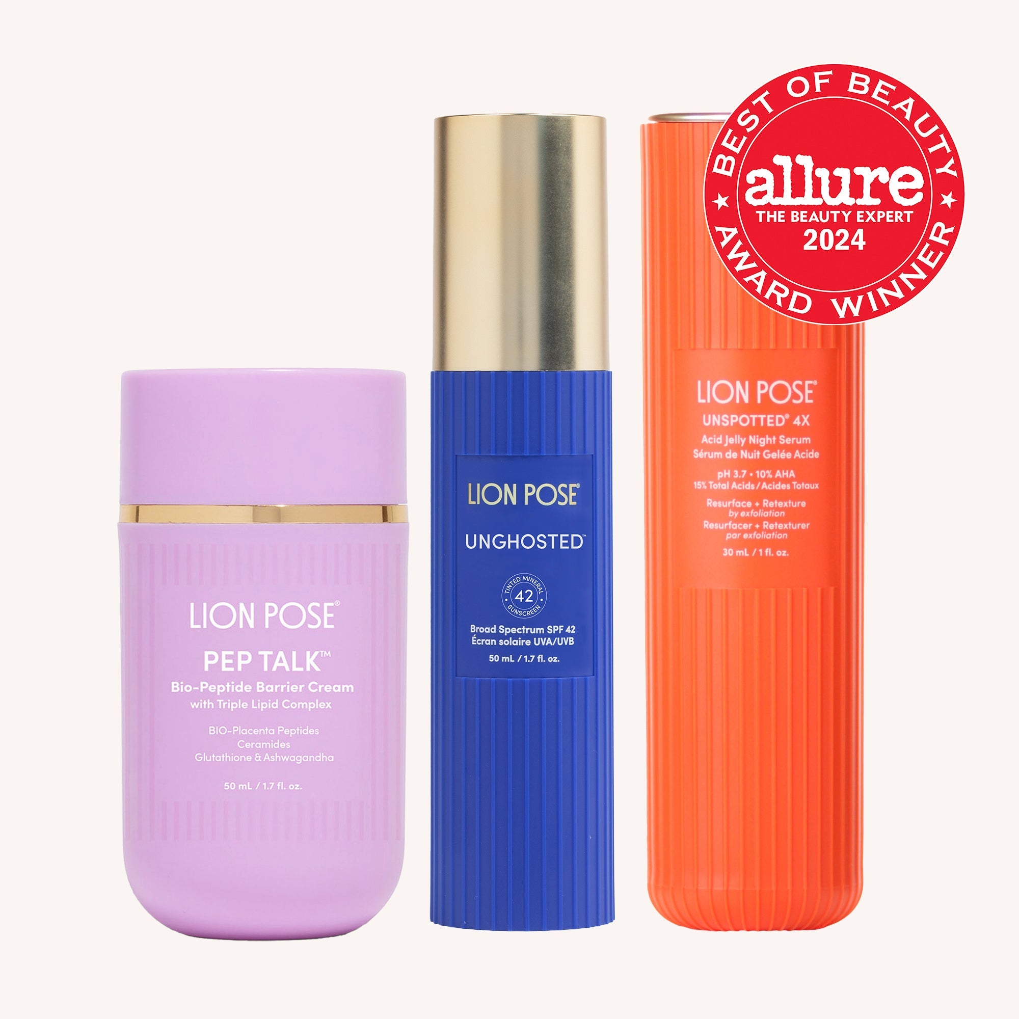 Lion Pose Compound Skinterest Everything Bundle with AHA serum, triple lipid peptide cream, and SPF 42 for healthy skin.