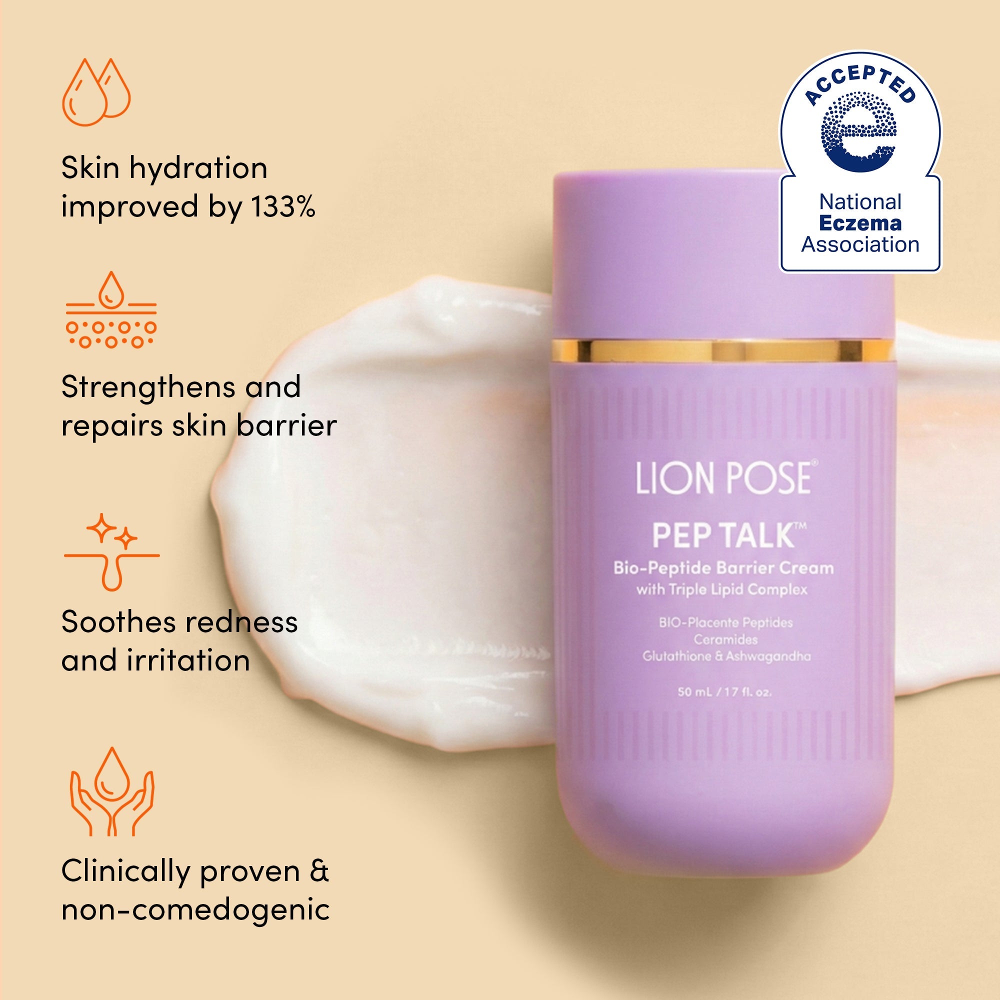 Lion Pose PEP TALK™ Bio-Peptide Barrier Repair Cream with Triple Lipid Complex, shown in a jar with cream texture.
