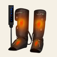 Lunix LX1 foot and calf compression massager in charcoal black with adjustable straps and control panel.