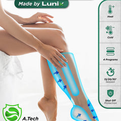 Lunix LX1 foot and calf compression massager in charcoal black, showing the device with adjustable straps and control panel.