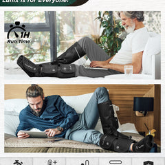 Lunix LX1 foot and calf compression massager in charcoal black with adjustable straps and control panel.