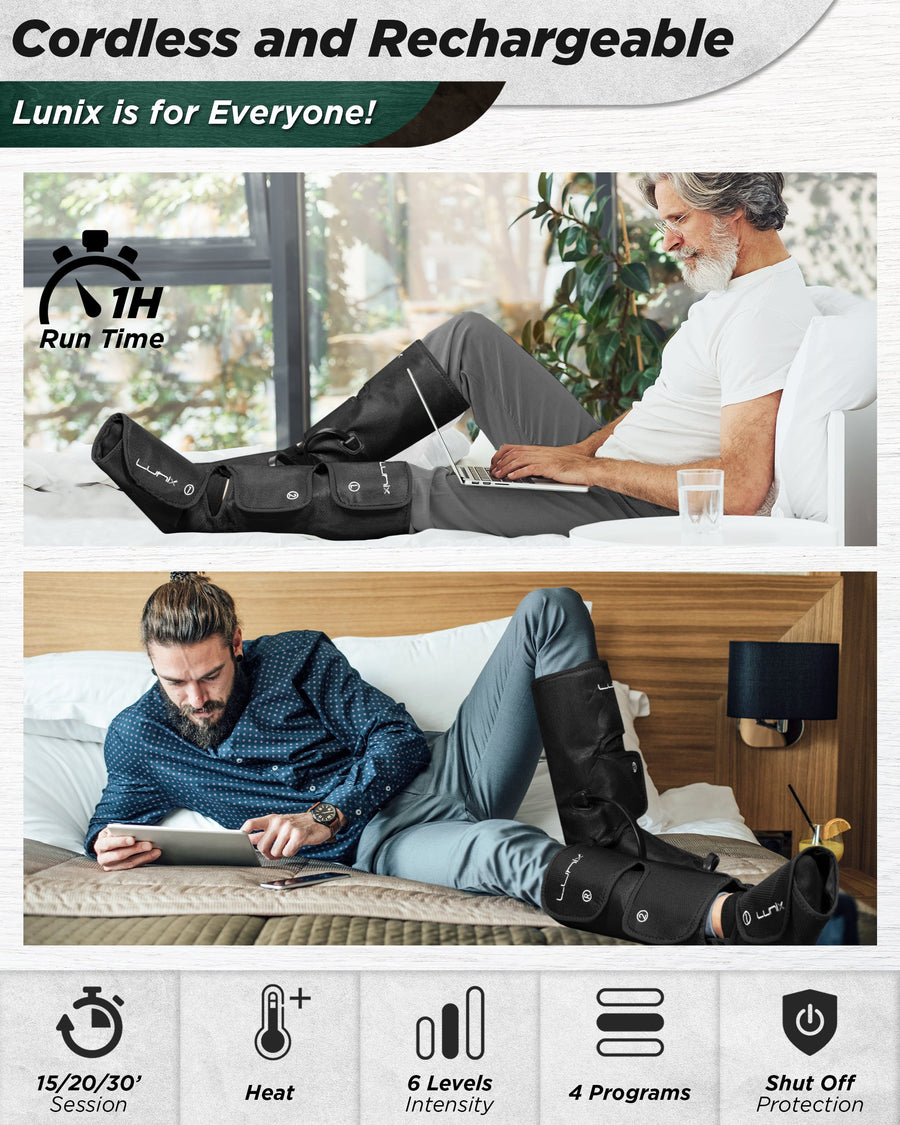 Lunix LX1 foot and calf compression massager in charcoal black with adjustable straps and control panel.