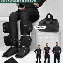 Lunix LX1 foot and calf compression massager in charcoal black with adjustable straps and control panel.