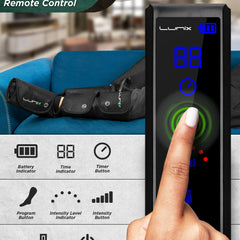 Lunix LX1 foot and calf compression massager in charcoal black showing the device with adjustable straps and control panel.