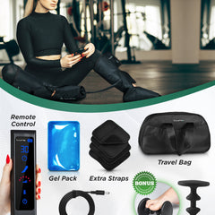 Lunix LX1 foot and calf compression massager in charcoal black showing adjustable straps and massage rollers.
