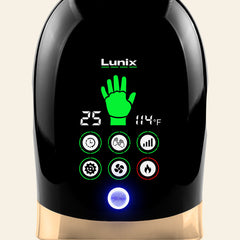 Lunix LX30 rolling hand massager with kneading, compression, heat, and cooling fan in charcoal black, shown in use with textured grip