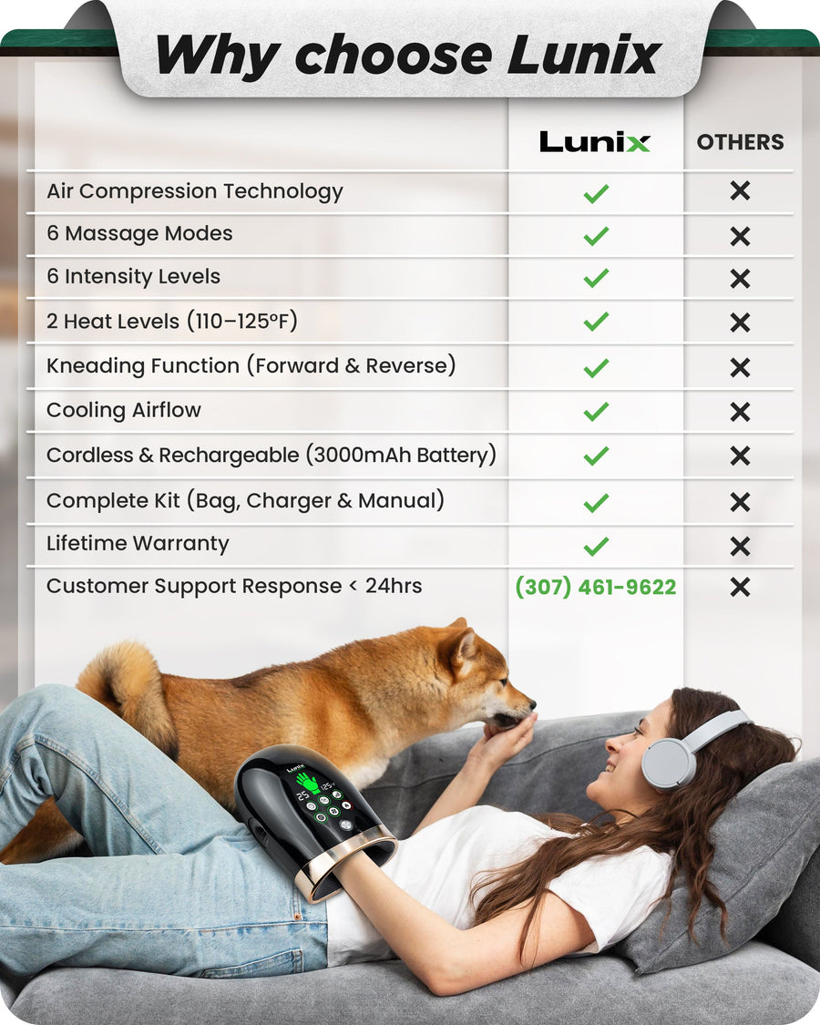 Lunix LX30 rolling hand massager with kneading, compression, heat, and cooling fan in charcoal black, designed for health and relaxation.