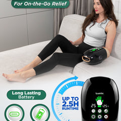 Lunix LX30 Rolling Hand Massager in charcoal black showing kneading, compression, heat, and cooling fan features on a hand.