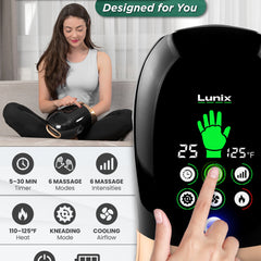 Lunix LX30 Rolling Hand Massager in charcoal black with kneading, compression, heat, and cooling fan features.