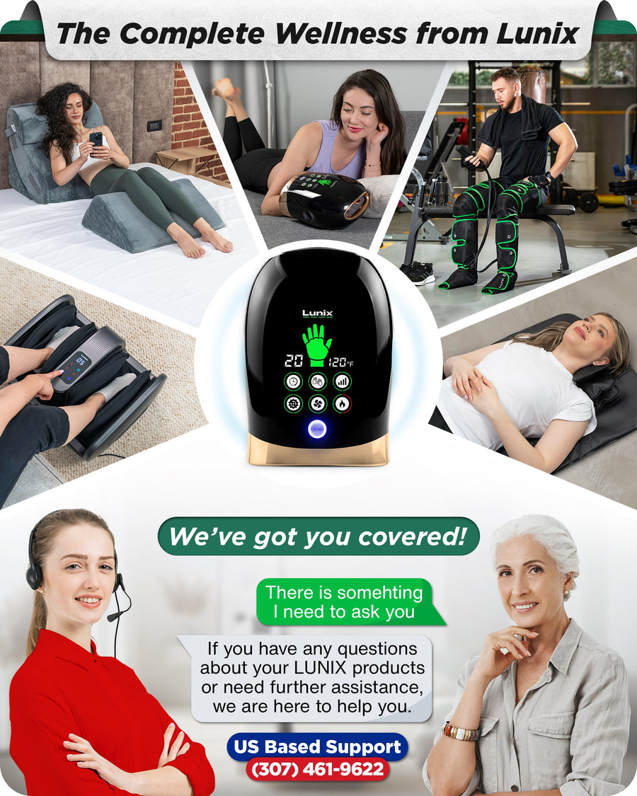 Lunix LX30 rolling hand massager in charcoal black with kneading, compression, heat, and cooling fan features.