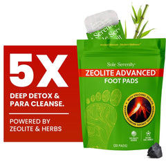 Lure Essentials Sole Serenity Foot Pads with Zeolite and botanical ingredients for detox and relaxation, shown on a foot.