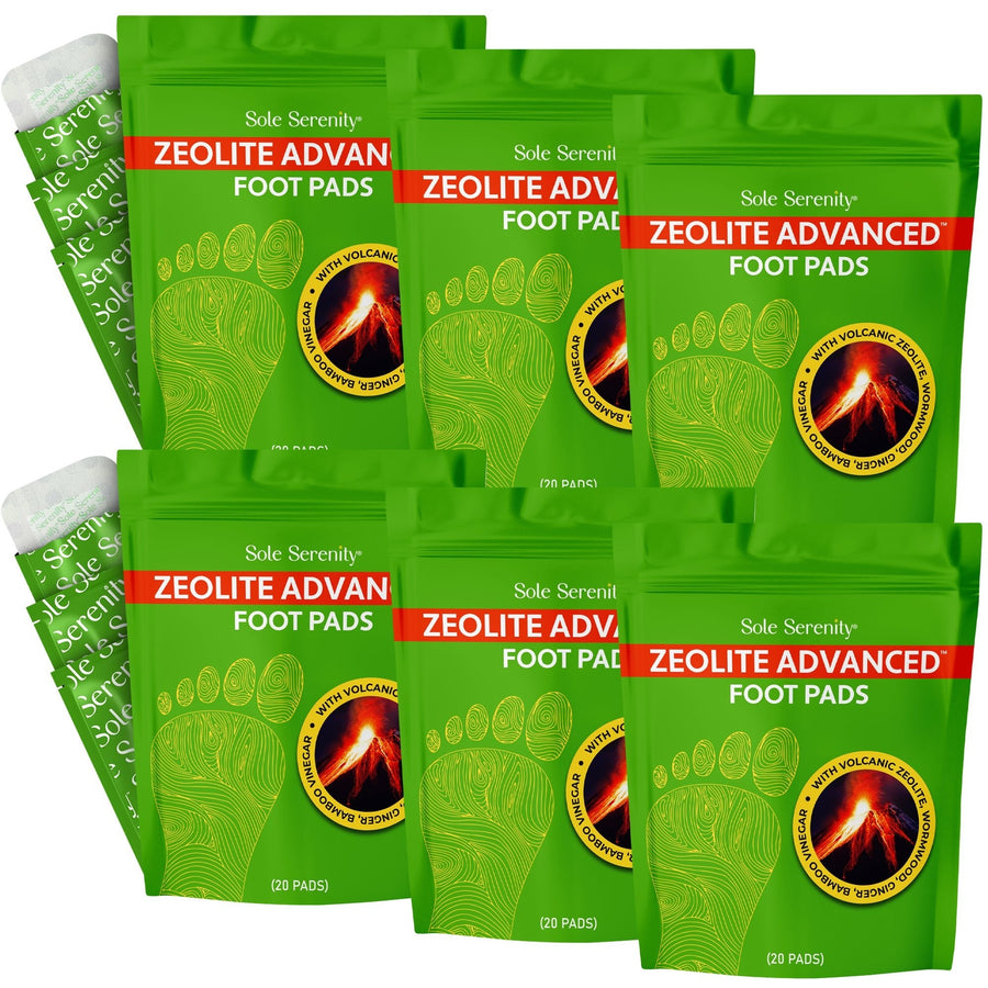 Lure Essentials Sole Serenity Foot Pads with zeolite and botanical ingredients for detoxification, shown on feet in the image.