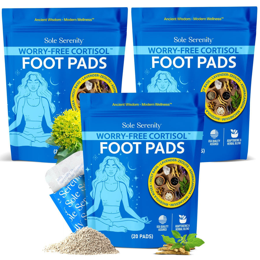 Lure Essentials Sole Serenity Worry-Free Foot Pads for detox, shown on clean feet with packaging in the background.